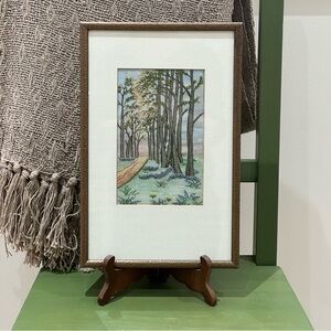 Vintage Framed Embroidery Landscape Art – Woodland Path Scene